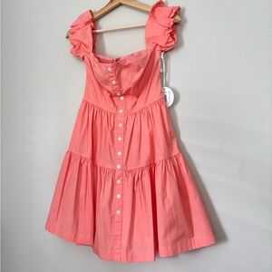 STAUD Elio Tiered Off Shoulder Mini Coquette Style Dress in Grapefruit